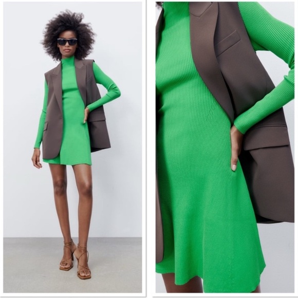 Zara Green Ribbed Knit mini Dress - Picture 4 of 6